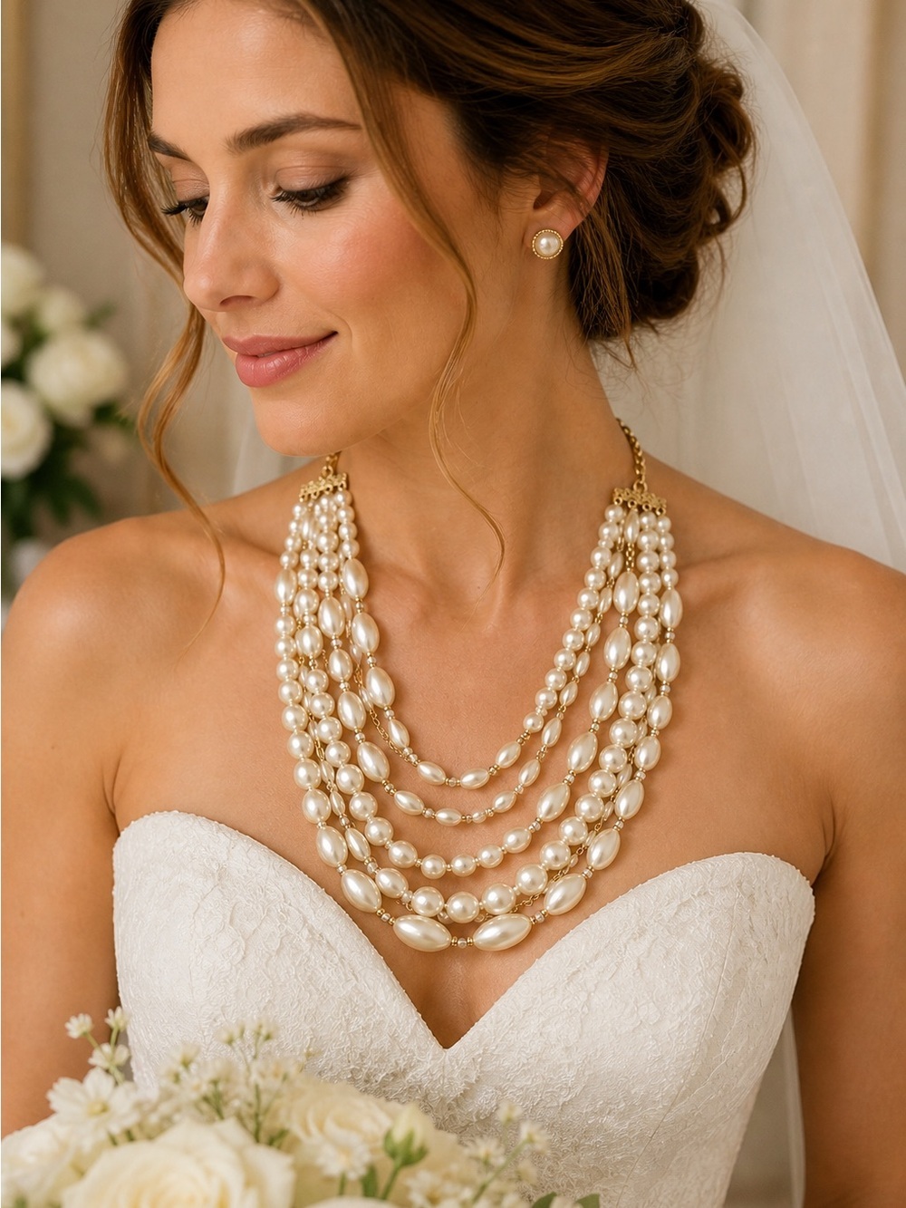 Elegant Multi Strand Pearl Bridal Statement Necklace Gold Tone Layered Jewelry - Picture 7 of 7